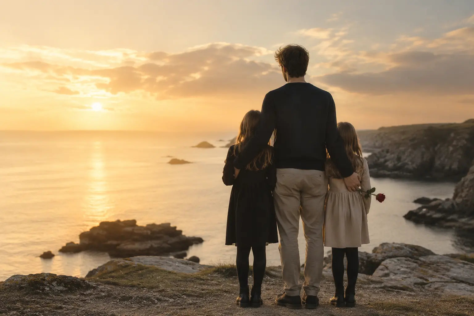 Un père et ses deux filles face au coucher du soleil sur la côte bretonne