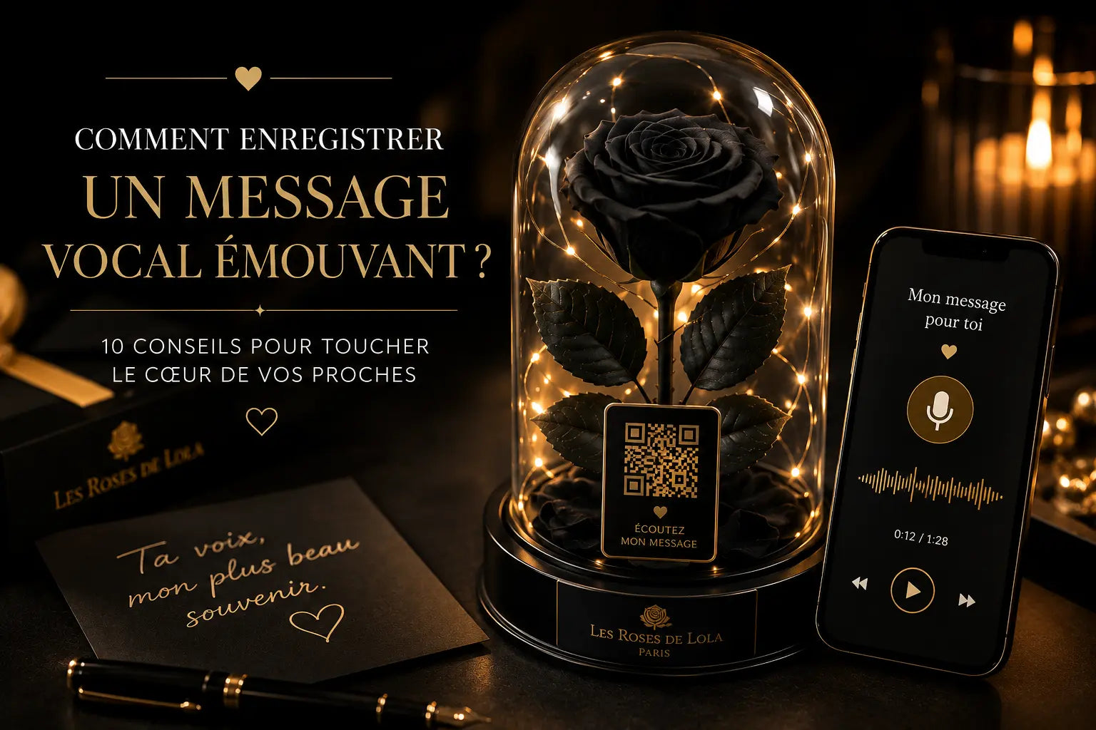 Comment enregistrer un message vocal émouvant : rose éternelle avec QR code personnalisé et message audio, idée cadeau émotionnelle pour transmettre sa voix à ceux que l’on aime.