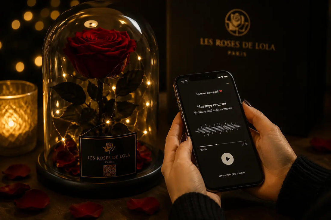 Rose éternelle rouge sous cloche en verre avec éclairage LED et QR code souvenir connecté, tandis qu'une personne écoute un message vocal personnalisé sur smartphone dans une ambiance chaleureuse noire et dorée.