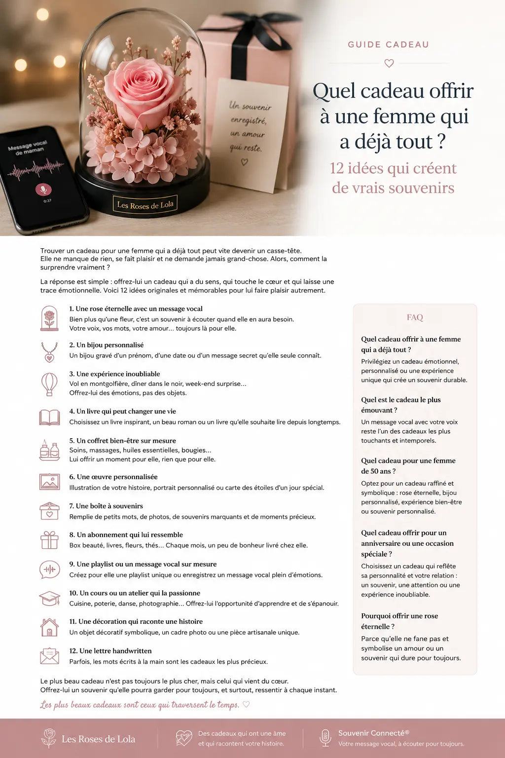 Rose éternelle rose sous cloche en verre accompagnée d'un message vocal personnalisé, illustration d'un cadeau émotionnel et mémorable pour une femme qui a déjà tout.