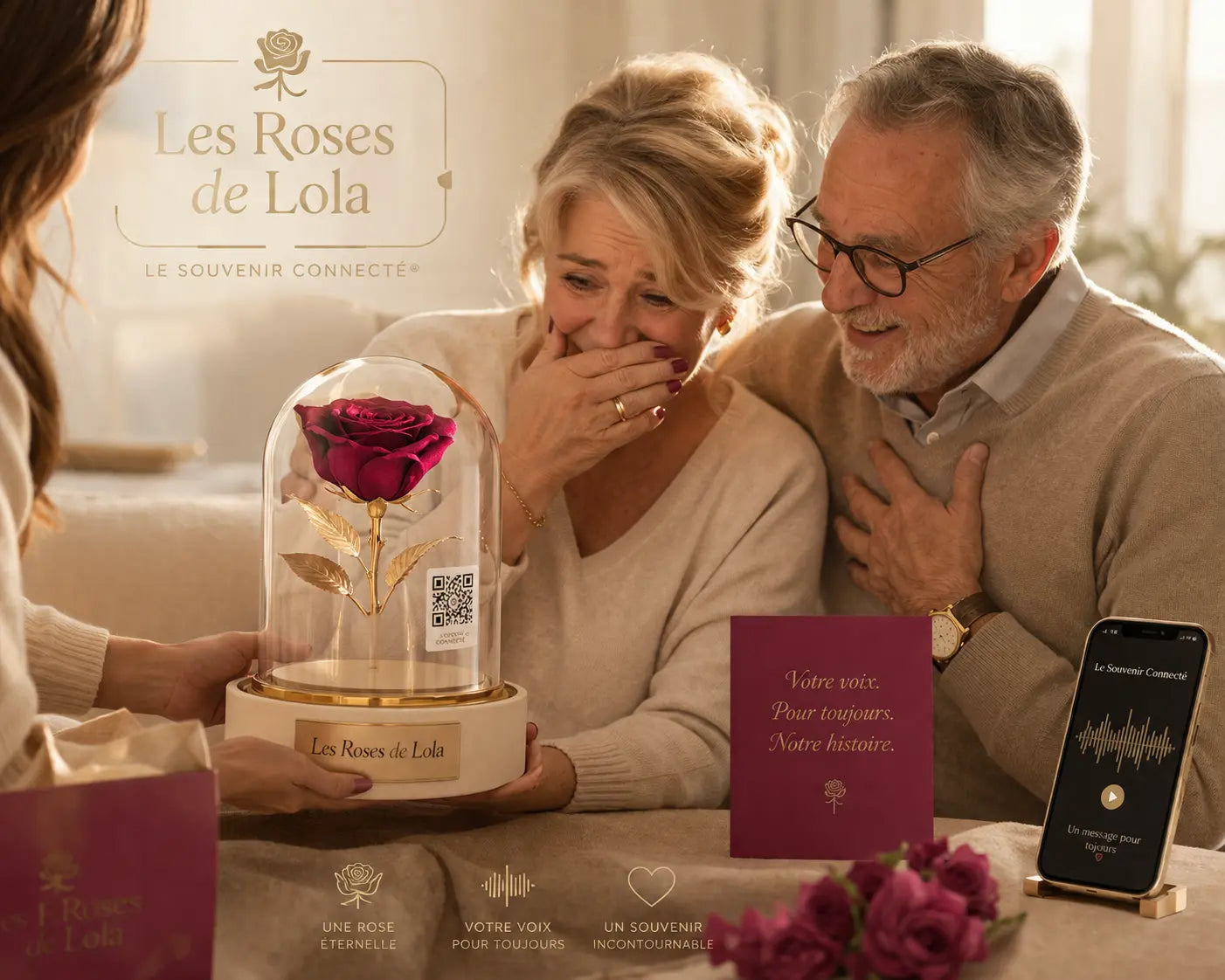 Parents et Grands-parents émus découvrant une annonce de grossesse originale grâce à une rose éternelle sous cloche et un message vocal personnalisé via le Souvenir Connecté de Les Roses De Lola.