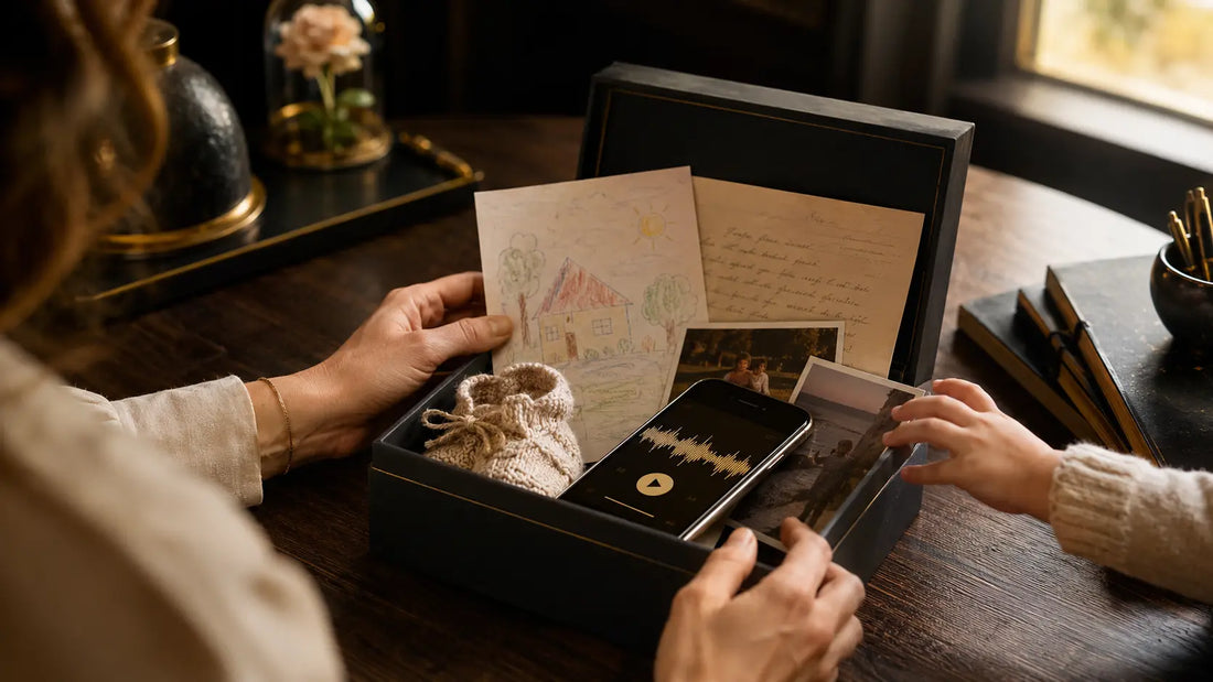 Parent préparant une capsule temporelle pour son enfant avec photos, dessin et message vocal.