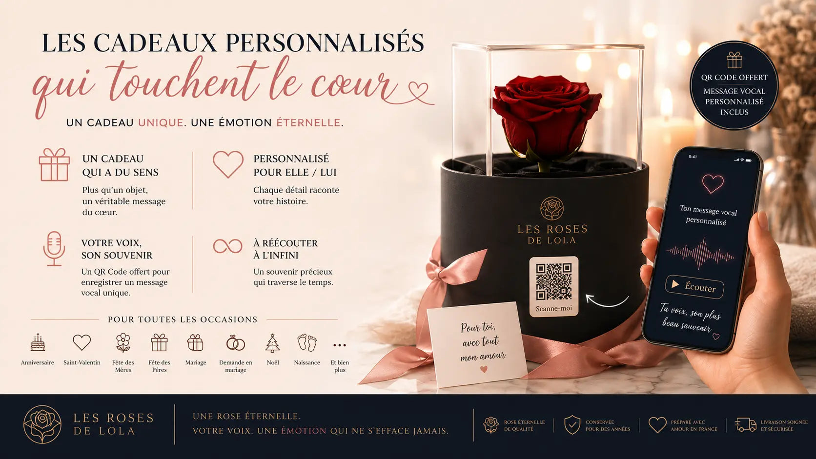 Cadeaux personnalisés 2026 - Rose éternelle avec message vocal Les Roses De Lola