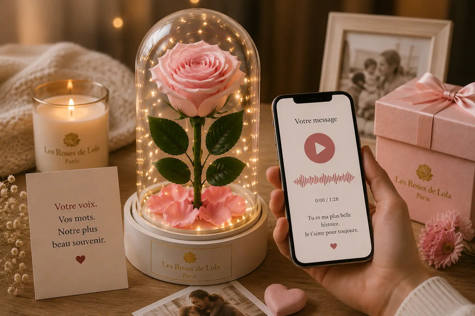 Rose éternelle sous cloche avec QR code vocal et message audio personnalisé, cadeau émotionnel pour conserver les souvenirs et la voix d’un proche pour toujours