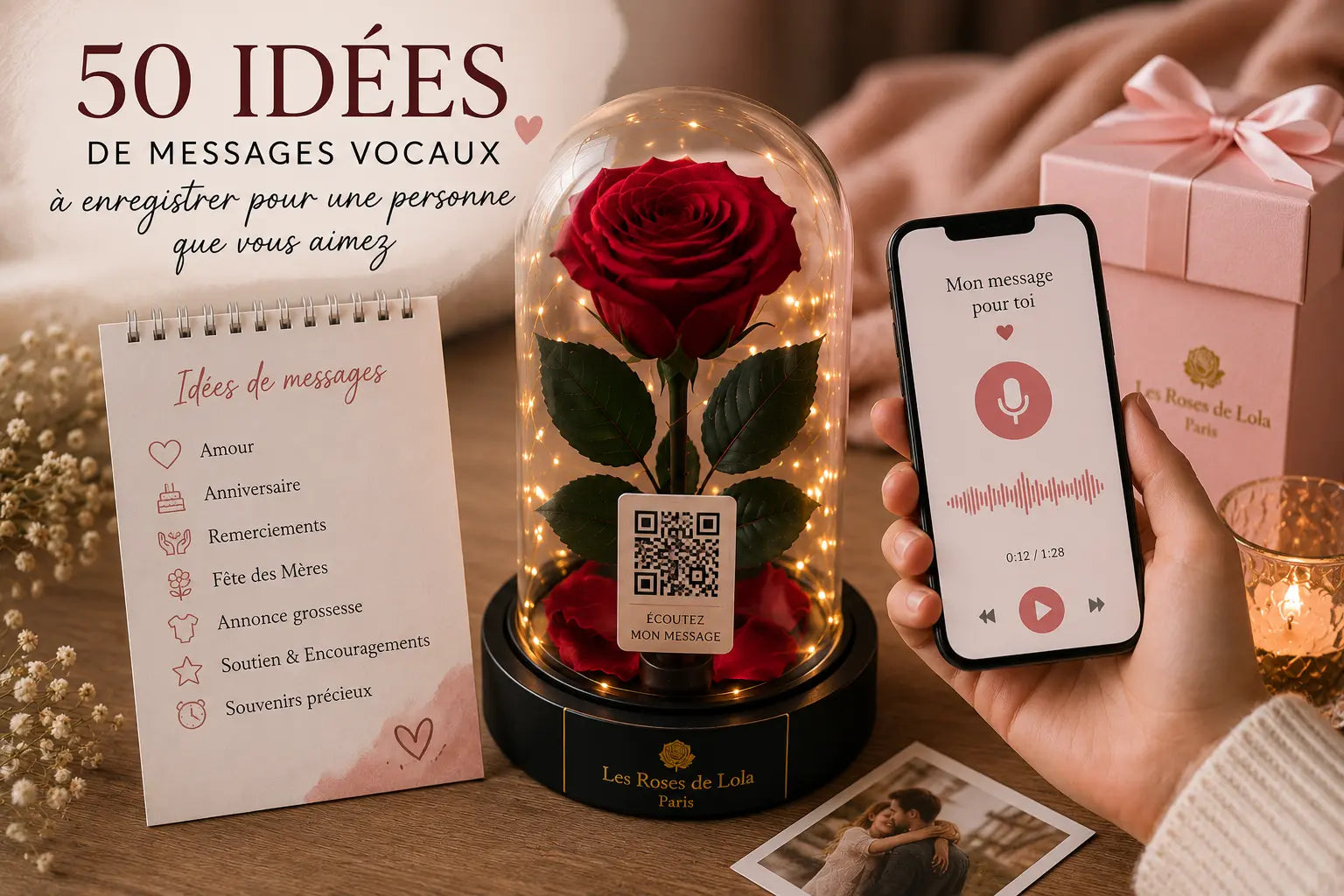 Rose éternelle Les Roses De Lola avec QR code vocal, cadeau personnalisé permettant d’enregistrer un message vocal d’amour, de gratitude ou de souvenir à écouter pour toujours.
