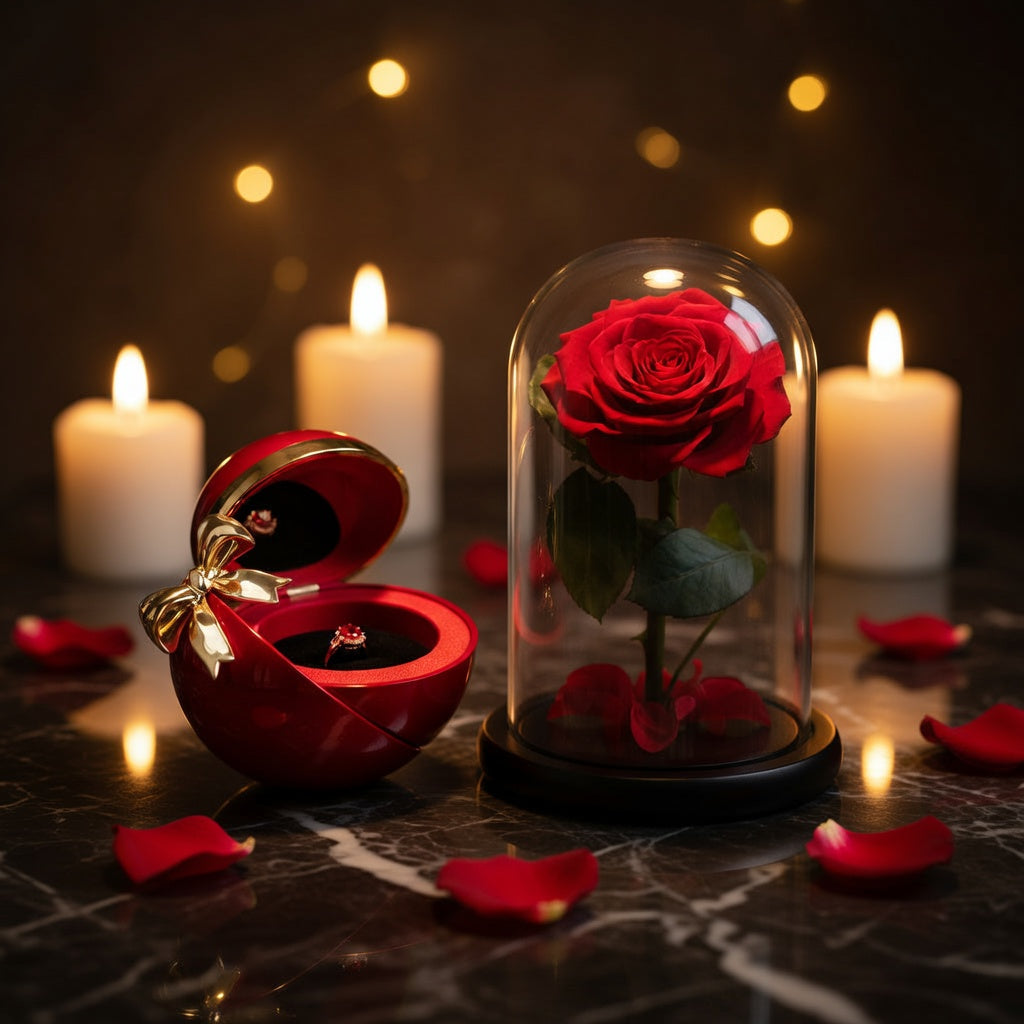 Rose éternelle sous cloche en verre et écrin en velours rouge – Le Duo du Petit Prince par Les Roses de Lola