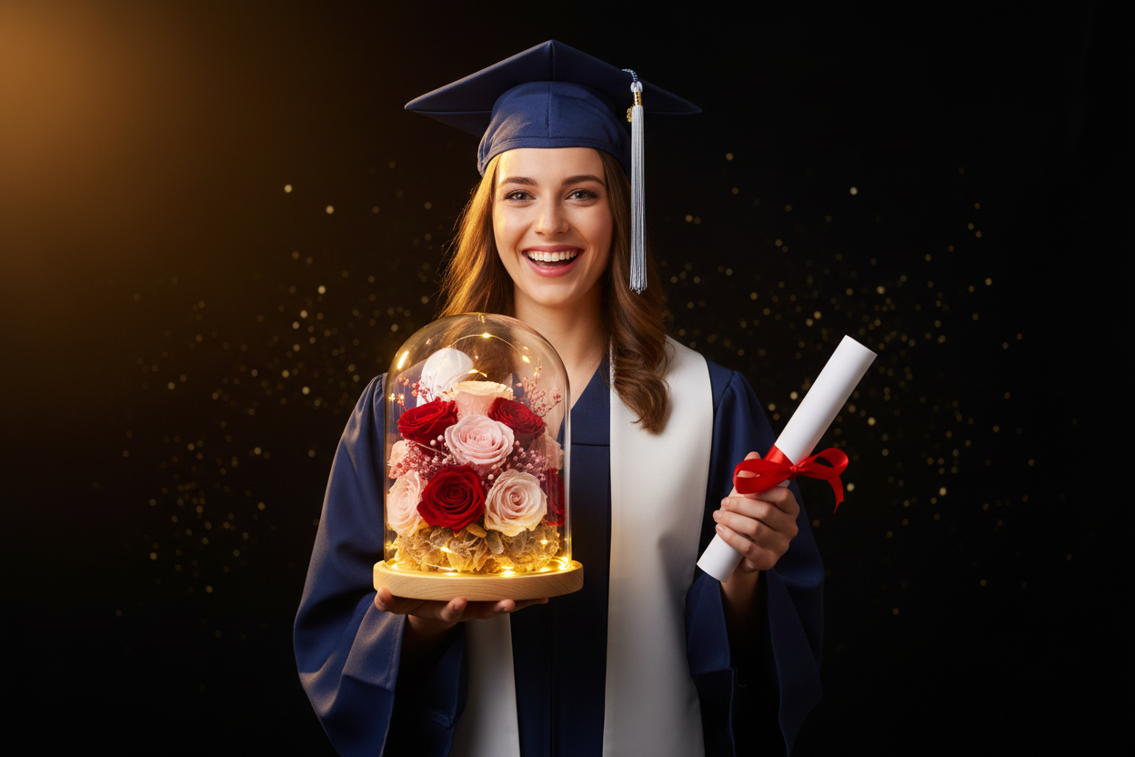 Jeune femme diplômée souriante tenant une rose éternelle sous cloche LED Les Roses De Lola, cadeau diplôme élégant et émouvant