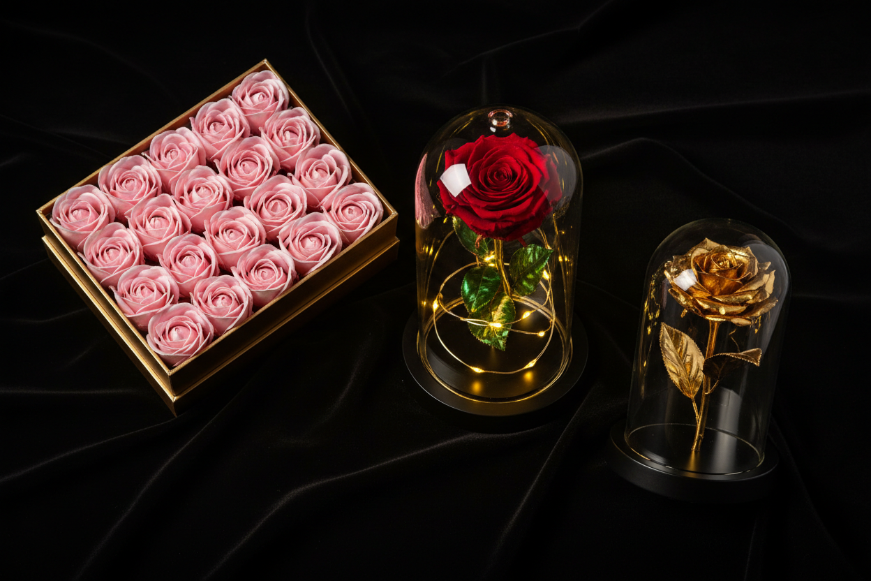 Guide des roses éternelles : rose préservée sous cloche, roses en savon et rose dorée — Les Roses De Lola