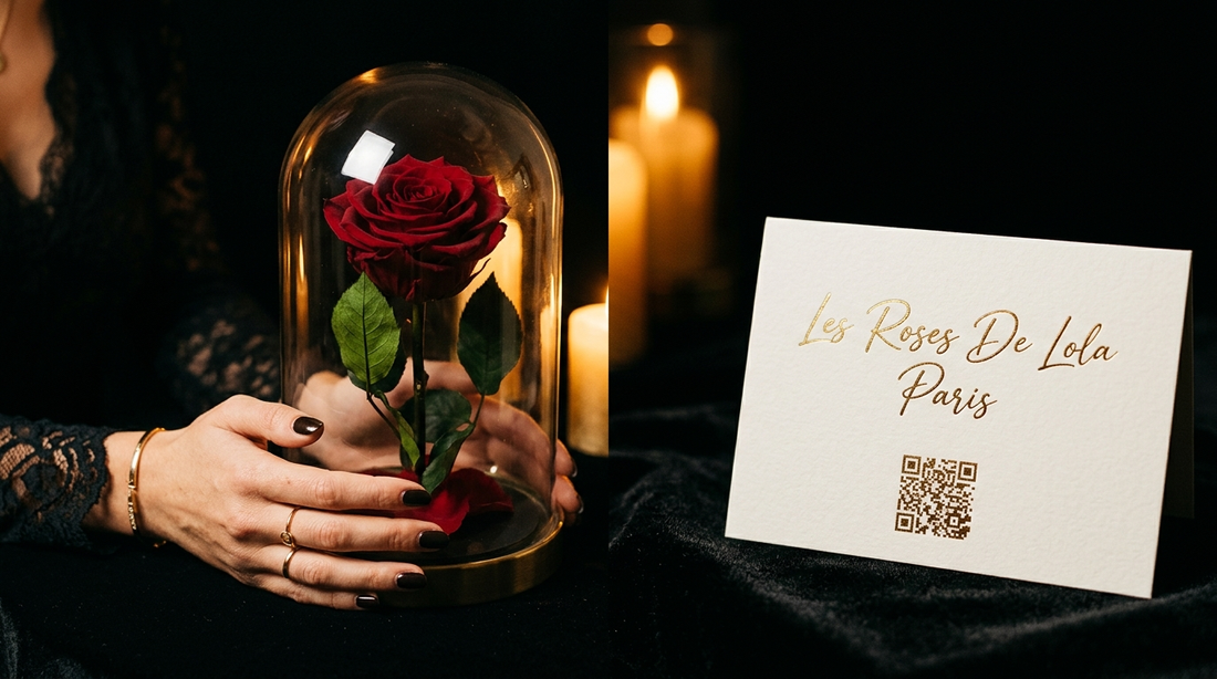 Rose éternelle sous dôme avec message vocal QR code — Le Souvenir Connecté par Les Roses De Lola