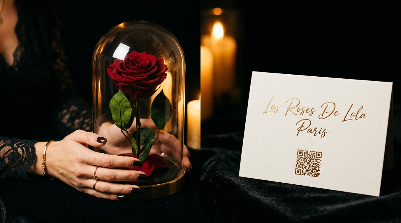 Rose éternelle sous dôme avec message vocal QR code — Le Souvenir Connecté par Les Roses De Lola