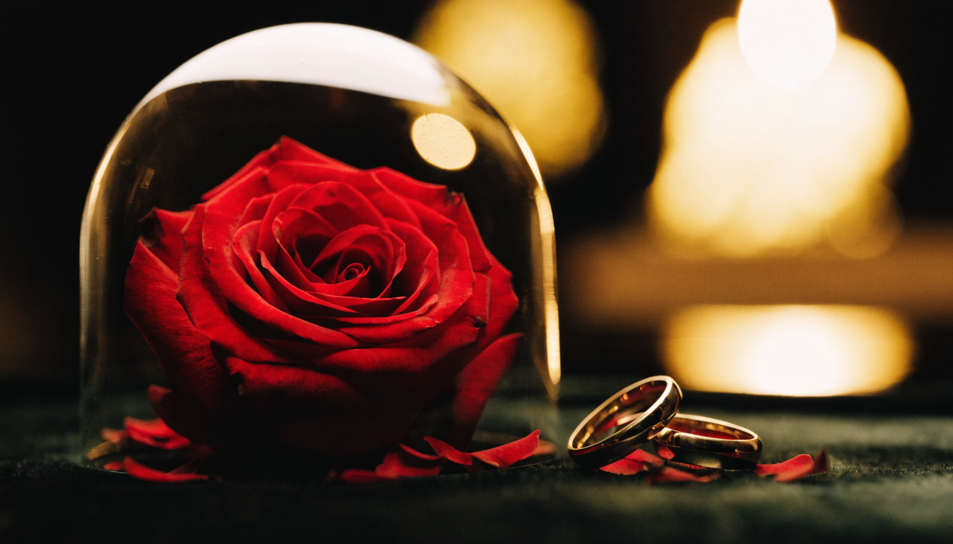 Rose éternelle sous dôme de verre avec alliances dorées - Cadeau anniversaire de mariage original Les Roses De Lola