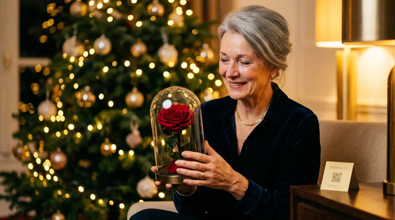 Femme souriante découvrant à Noël une rose éternelle rouge sous dôme de verre avec son QR code vocal, cadeau de Noël pour sa maman