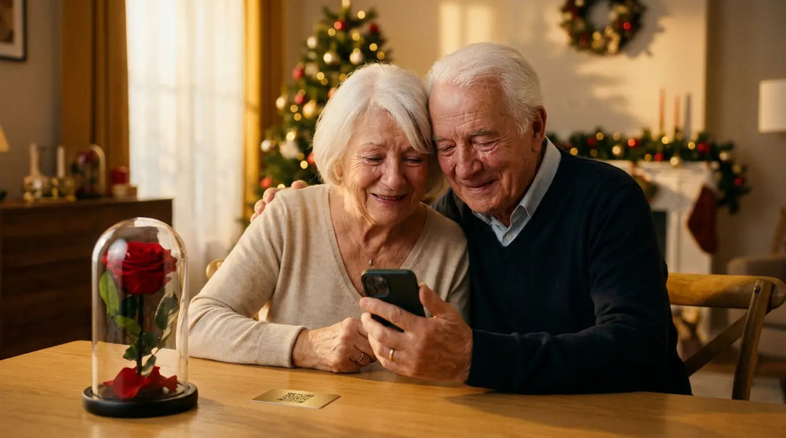 Grands-parents écoutant ensemble un message vocal sur smartphone près d'une rose éternelle sous dôme, cadeau de Noël émouvant