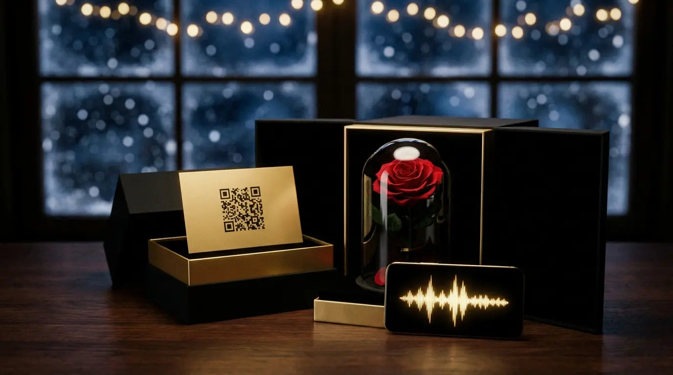 Coffret de Noël avec rose éternelle sous dôme et QR code vocal devant une fenêtre enneigée, cadeau à envoyer à distance