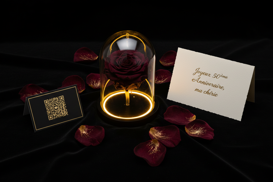 Idée cadeau femme 50 ans — rose éternelle sous dôme avec message vocal, Les Roses De Lola