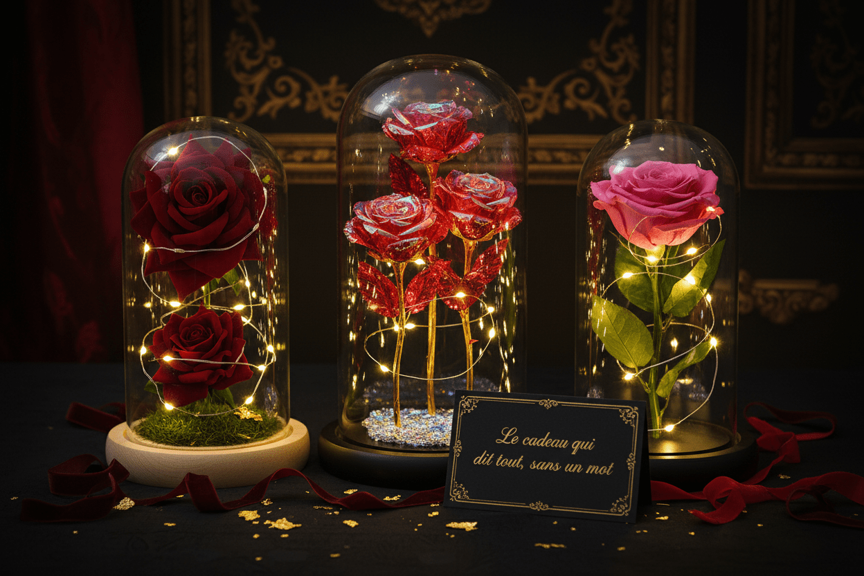 Rose éternelle sous dôme de verre avec lumière LED – cadeau romantique et original – Les Roses de Lola