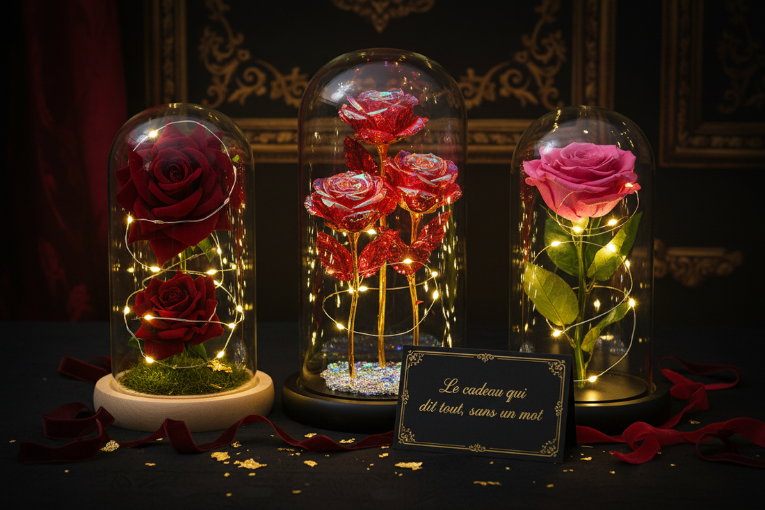 Rose éternelle sous dôme de verre avec lumière LED – cadeau romantique et original – Les Roses de Lola