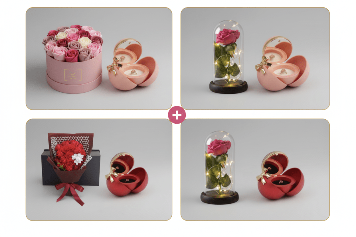 Les 4 coffrets cadeaux Les Roses De Lola — roses éternelles et écrins à bijoux en velours