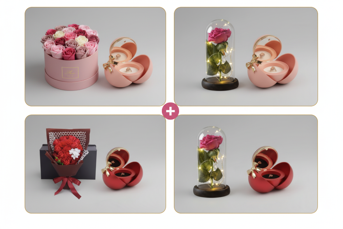 Les 4 coffrets cadeaux Les Roses De Lola — roses éternelles et écrins à bijoux en velours