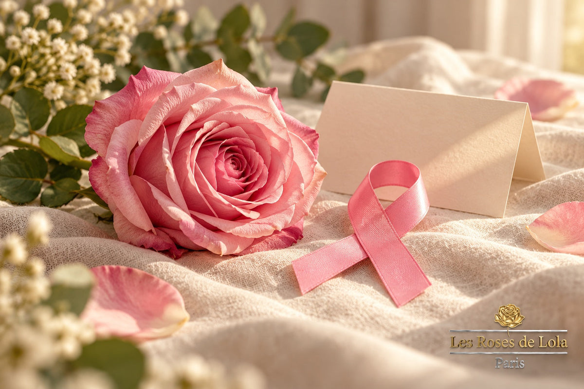 Rose rose, ruban de sensibilisation et carte sur du lin clair, avec le logo Les Roses de Lola Paris, pour Octobre Rose.