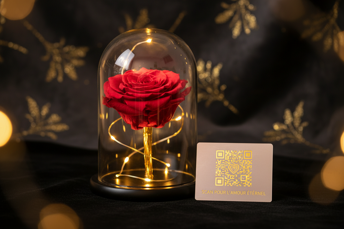 Rose éternelle sous cloche en verre avec QR code souvenir connecté — Les Roses De Lola
