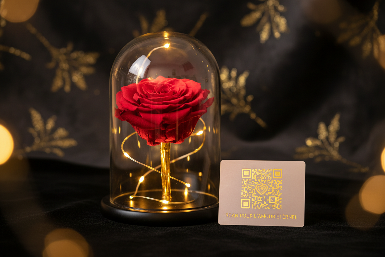Rose éternelle sous cloche en verre avec QR code souvenir connecté — Les Roses De Lola