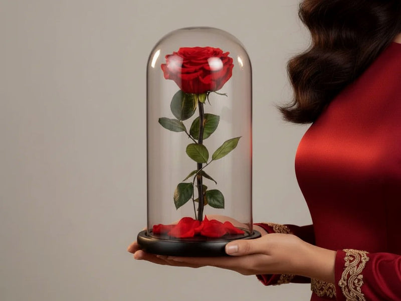 Grand dôme à rose éternelle tenu contre une robe de soie — cadeaux à partir de 100 € | Les Roses De Lola