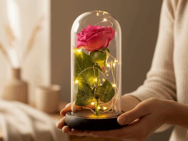 Rose lumineuse sous dôme LED tenue entre les mains — cadeaux jusqu'à 60 € | Les Roses De Lola