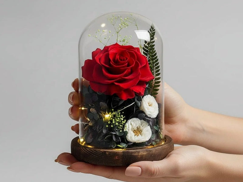 Dôme de roses préservées sur socle bois tenu à la main — cadeaux de 60 à 100 € | Les Roses De Lola