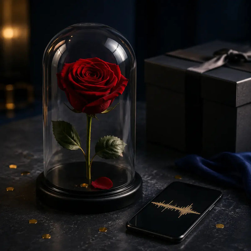 Rose éternelle sous cloche, coffret noir et ambiance d’anniversaire élégante pour homme