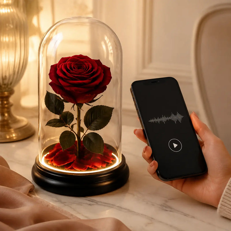 Rose rouge sous cloche et smartphone affichant un message vocal, sélection de cadeaux pour femme.