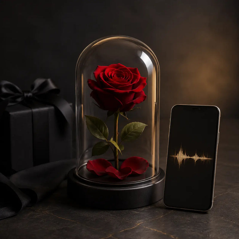 Rose éternelle sous cloche et smartphone affichant un message vocal, sélection de cadeaux pour homme