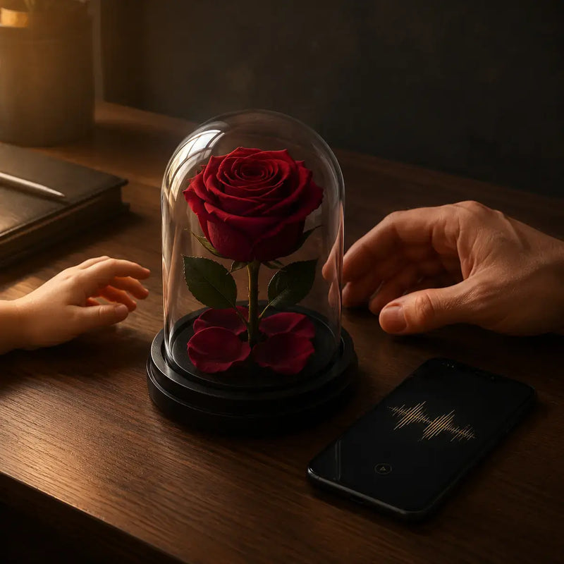 Rose éternelle sous cloche entre les mains d’un père et d’un enfant, avec message vocal sur smartphone