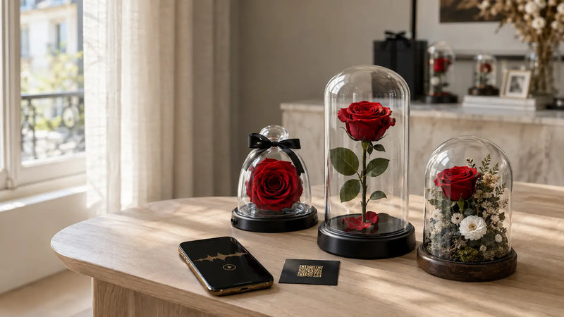 Trois roses éternelles sous cloche de verre, posées chez soi en souvenir d'un proche