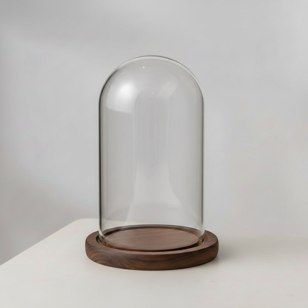Dôme en verre avec socle bois vieilli antique – écrin rose préservée Les Roses De Lola