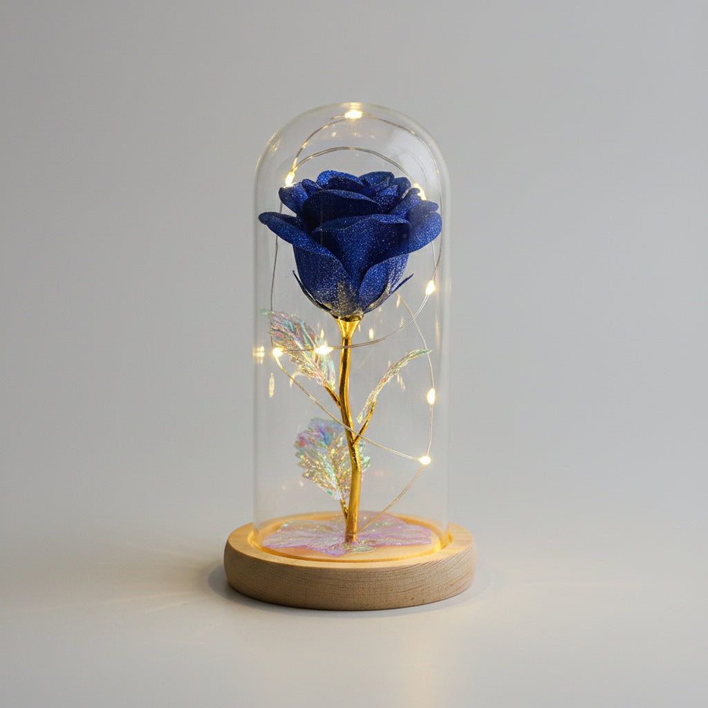 Rose sous cloche LED – détail lumière chaude | Les Roses De Lola