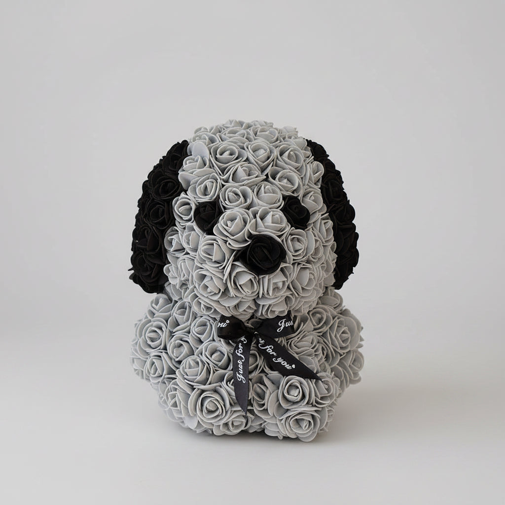 Rose préservée chien gris – décoration florale artisanale 15x25 cm