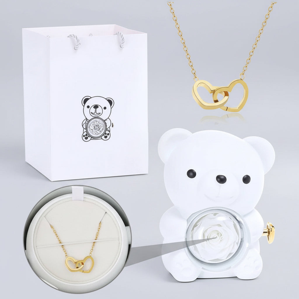 Coffret ours à bijoux – détail ouverture manivelle et rose sous dôme