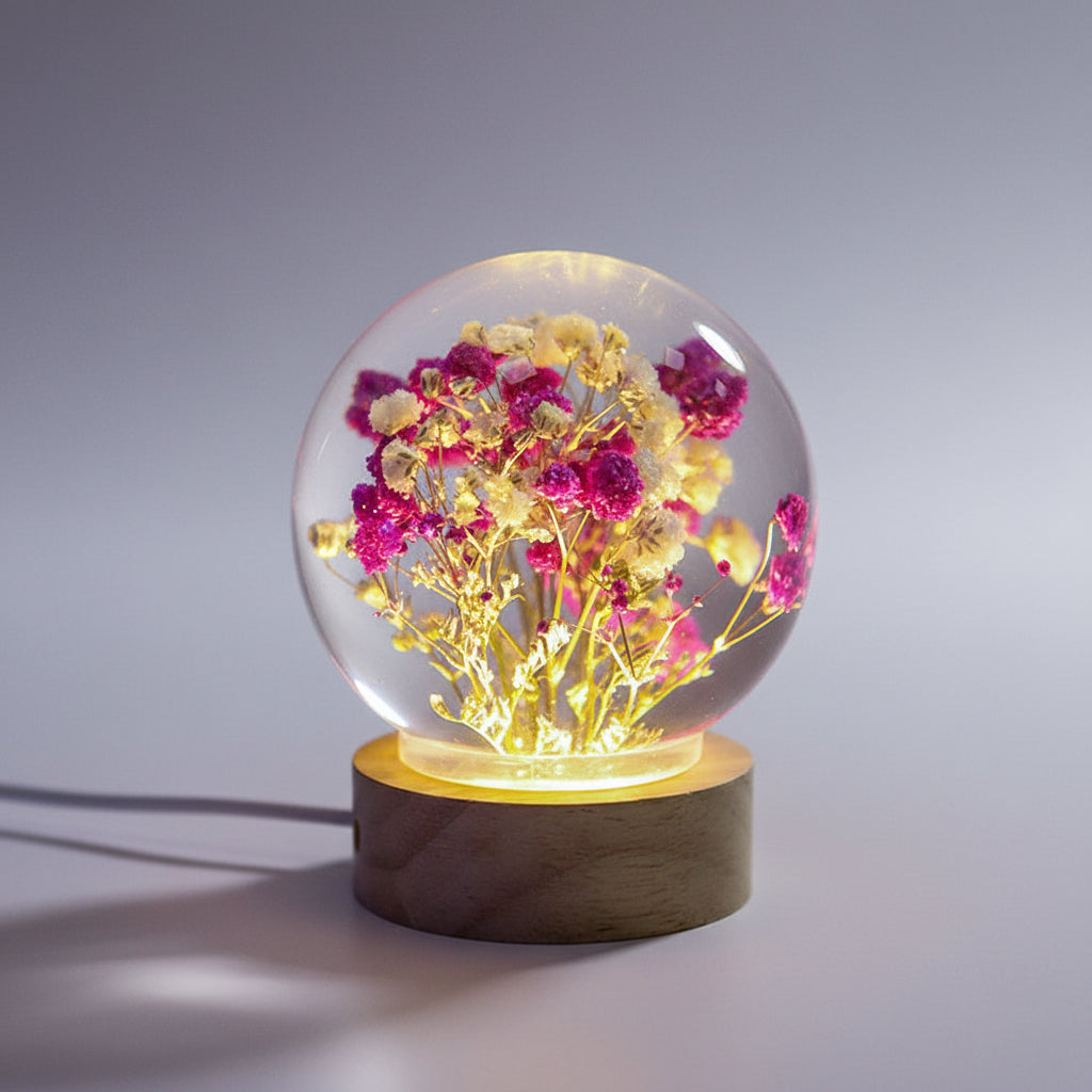 Détail roses séchées véritables coulées en résine cristalline, veilleuse artisanale florale — Les Roses De Lola