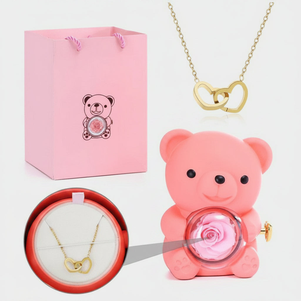 Ours rouge coffret bijoux – rose éternelle sous mini dôme transparent