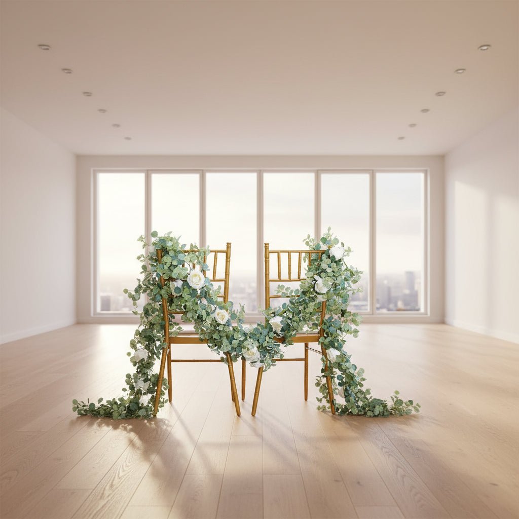 Guirlande eucalyptus et roses en soie – vue d'ensemble 195 cm