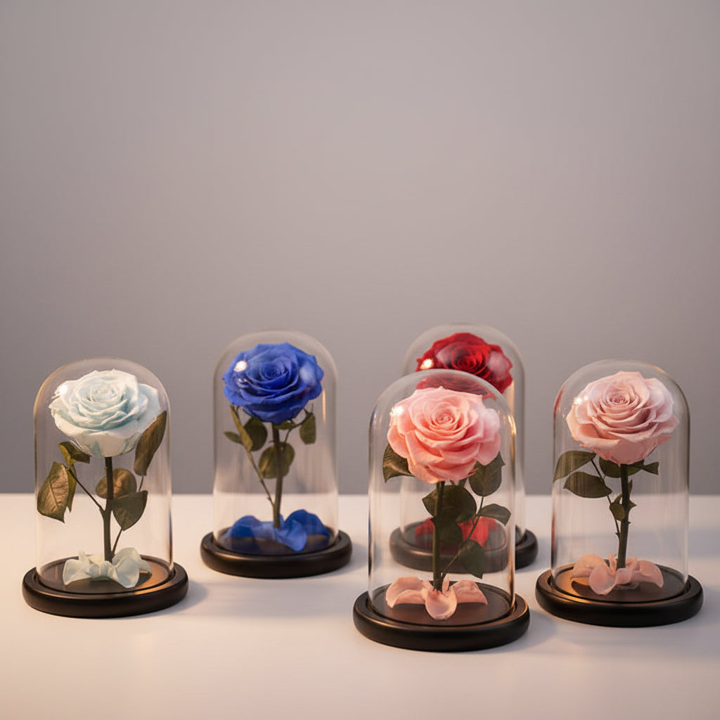 rose éternelle sous cloche en verre style Le Petit Prince – vue principale"
