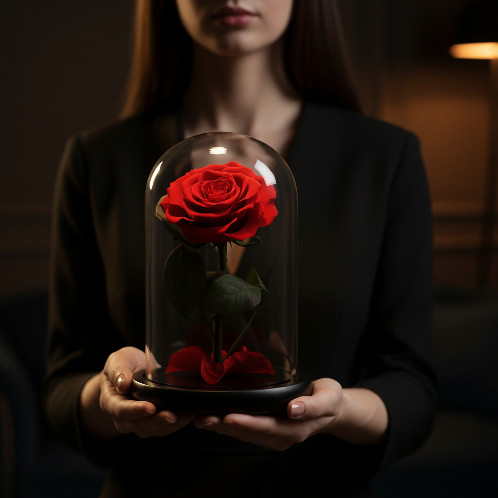 Rose éternelle rouge sous cloche en verre style Le Petit Prince 
Présentation
