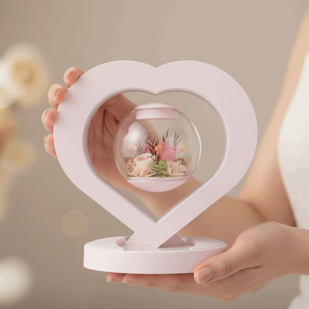 Lampe Cœur Lévitante – rose éternelle dans un globe rotatif avec LEDs et enceinte Bluetooth | Les Roses De Lola-Présentation