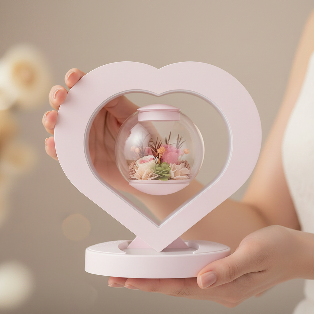 Lampe Cœur Lévitante – rose éternelle dans un globe rotatif avec LEDs et enceinte Bluetooth | Les Roses De Lola-Présentation