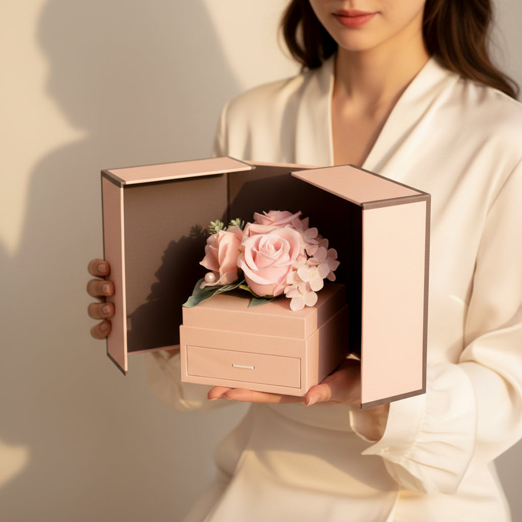 Détail de la rose en savon parfumée faite à la main, coloris rose tendre, boîte à bijoux ouverte et présentation

