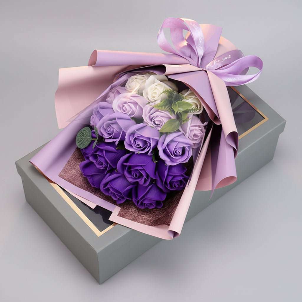 Bouquet de 18 roses en savon violet dans coffret cadeau – Les Roses De Lola