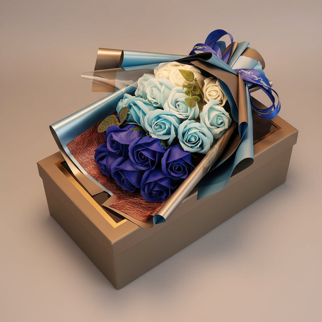 Bouquet de 18 roses en savon bleu dans coffret cadeau – Les Roses De Lola