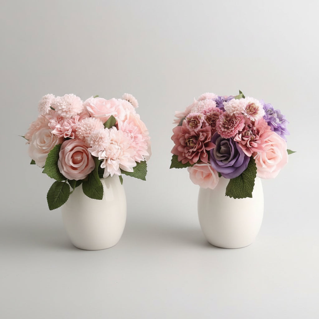 Bouquet de dahlias et roses artificielles en soie – vue d'ensemble
