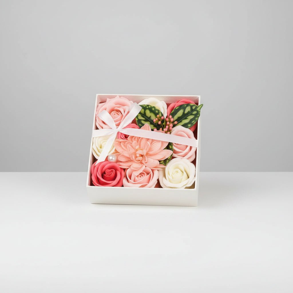 Roses en savon boîte rose – détail texture artisanale | Les Roses De Lola